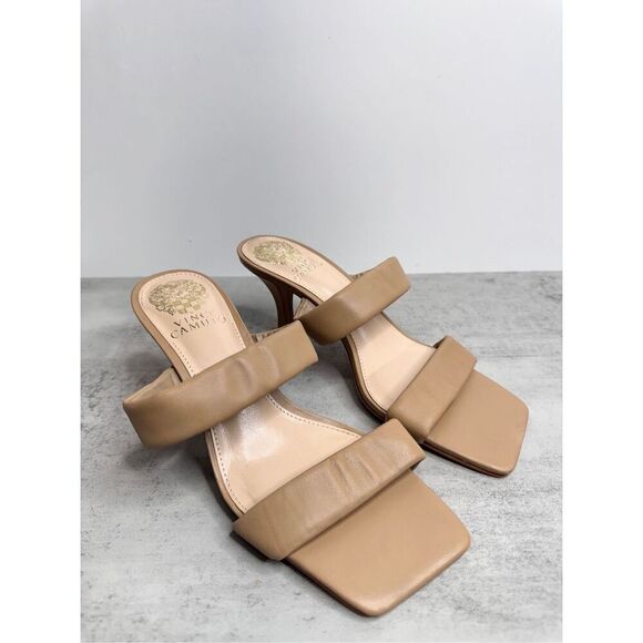 Vince Camuto Sandals Size 6 Brown Leather Double Strap Slide on Heels - Picture 3 of 9